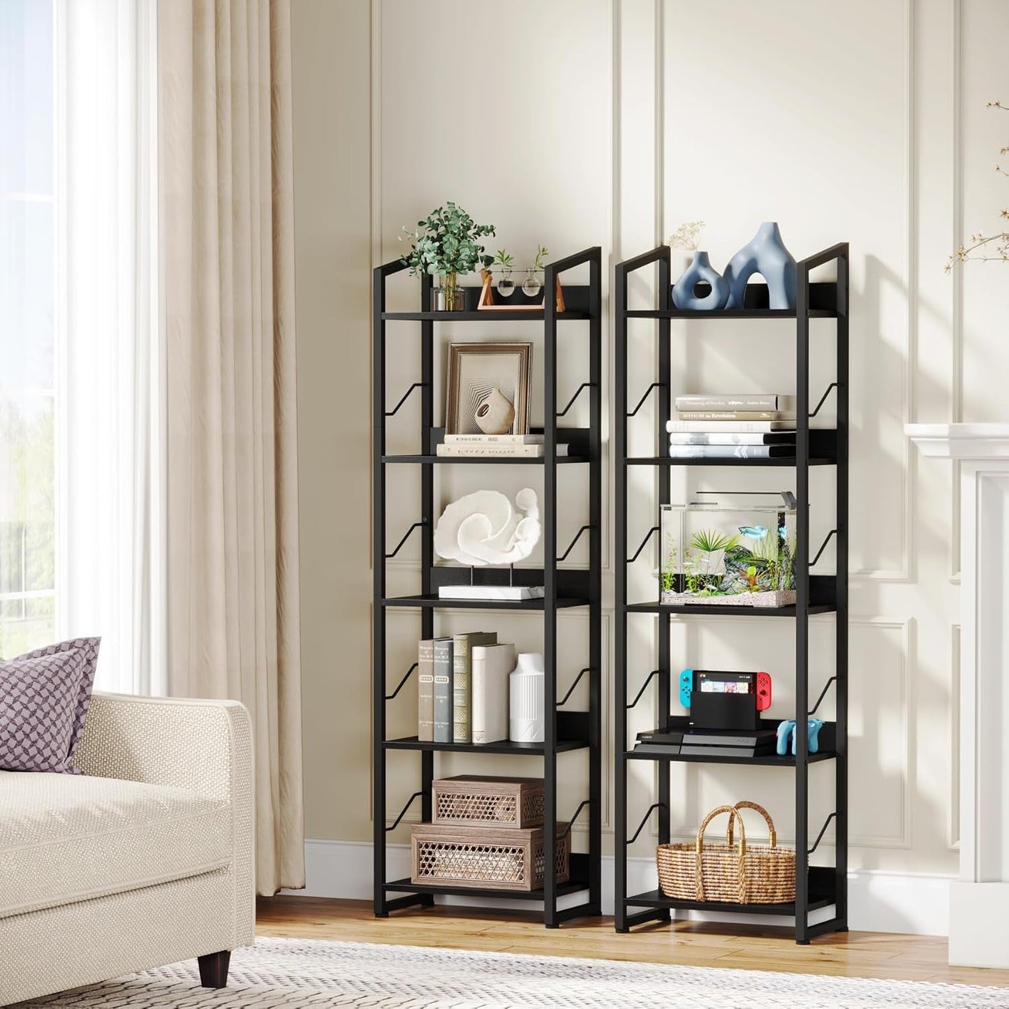 5 Tier Narrow Bookshelf: Tall Bookcase Shelf with Edge Protection,