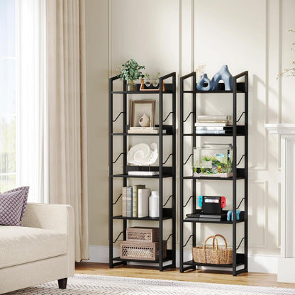 5 Tier Narrow Bookshelf: Tall Bookcase Shelf with Edge Protection,