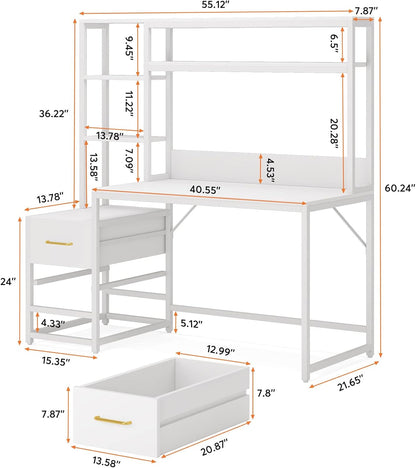 55 Inch Computer Desk with 2 Drawers and Storage Shelves, Rustic