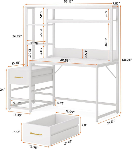 55 Inch Computer Desk with 2 Drawers and Storage Shelves, Rustic