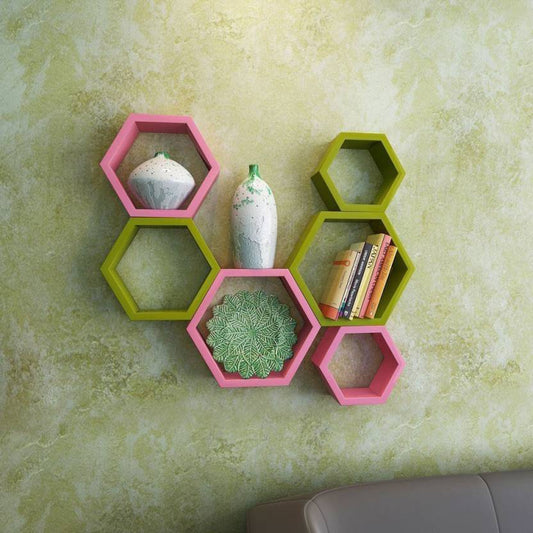 DECORASIA Hexagon Shape Wooden Wall Shelf (Number of Shelves - 6)
