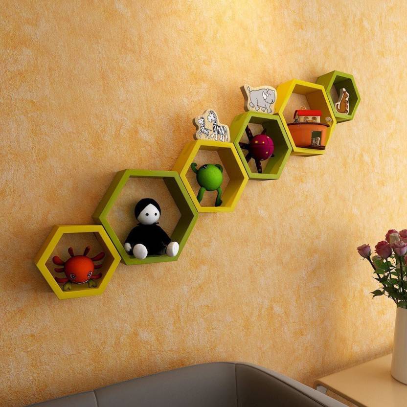 DECORASIA Hexagon Shape Wooden Wall Shelf (Number of Shelves - 6)