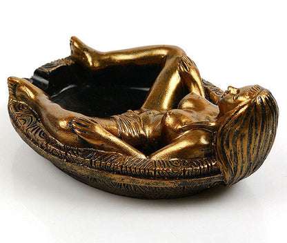 Vintage Gold Resin Ashtray Knic-knack Figurine of a Beautiful Woman