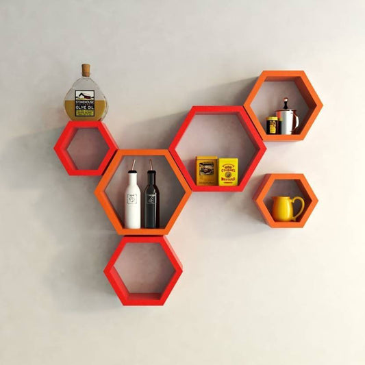 DECORASIA Hexagon Shape Wooden Wall Shelf (Number of Shelves - 6)