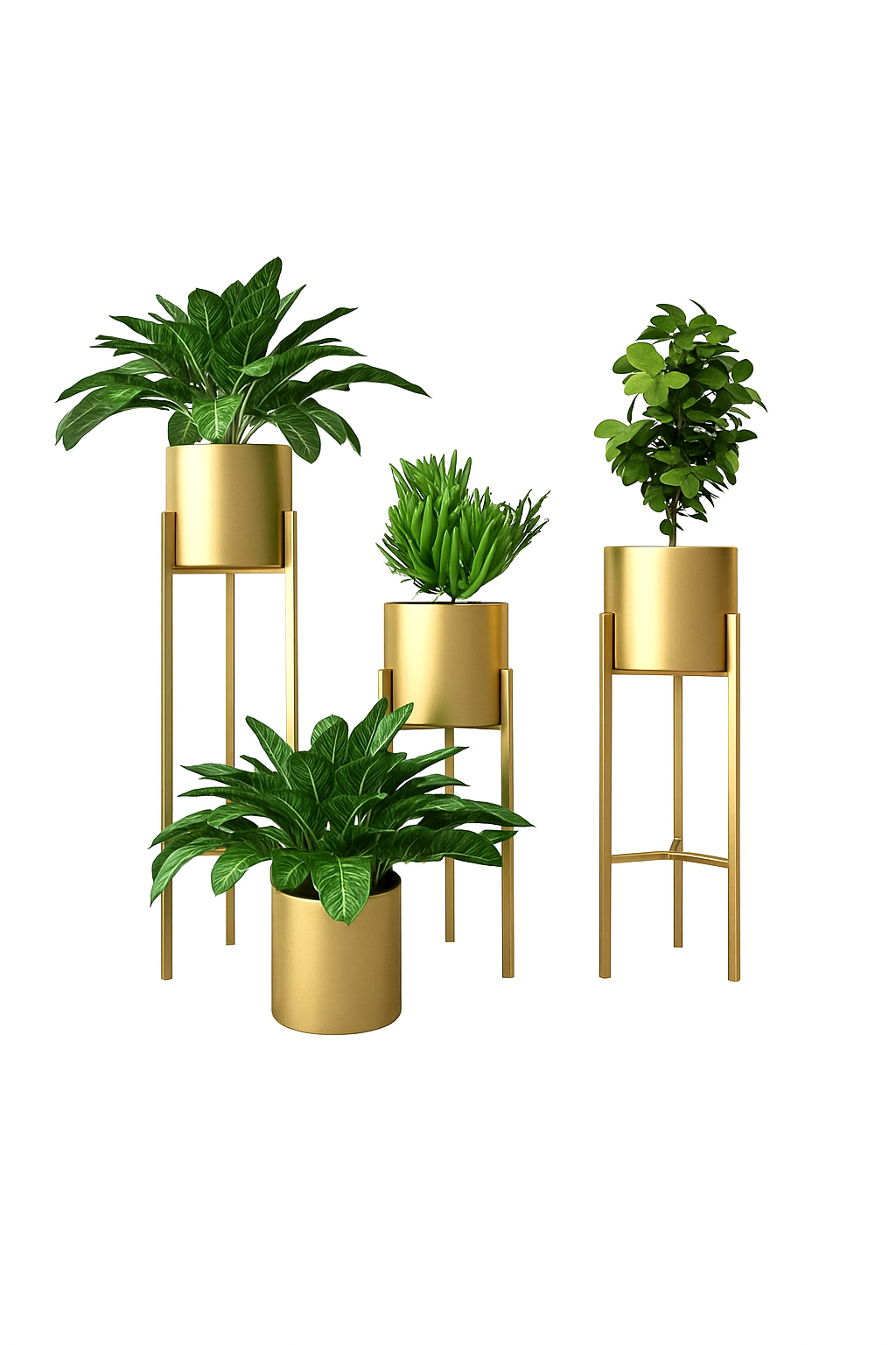 Elegant Gold Planter Set with Lush Green Indoor Plants