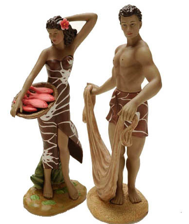 Miniature Ceramic - Boy with Net & Lady with Fish Basket