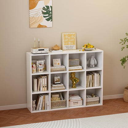 12-Cube Storage Shelf Bookcase - Wooden 3-Tier Floor Standing Open