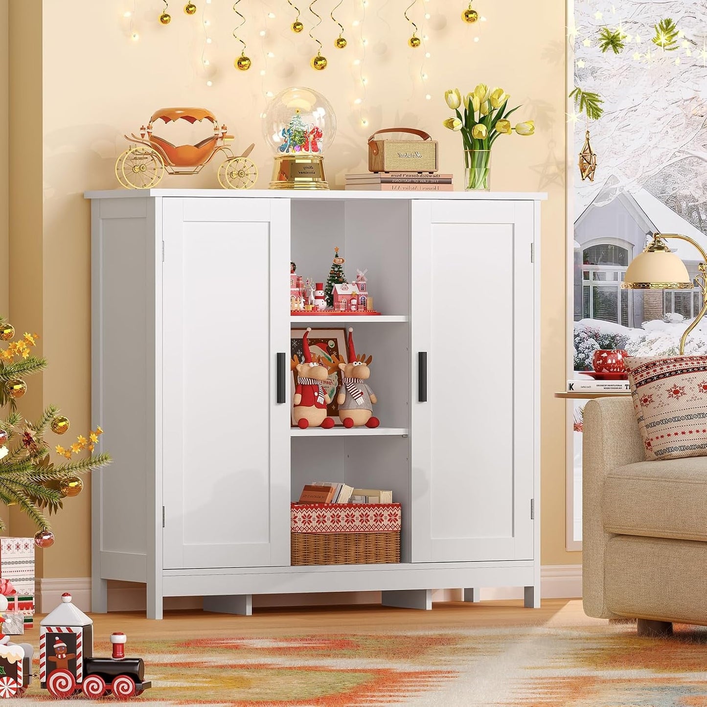 Storage Cabinet with 2 Doors and 4 Storage Shelves, Credenza Buffet