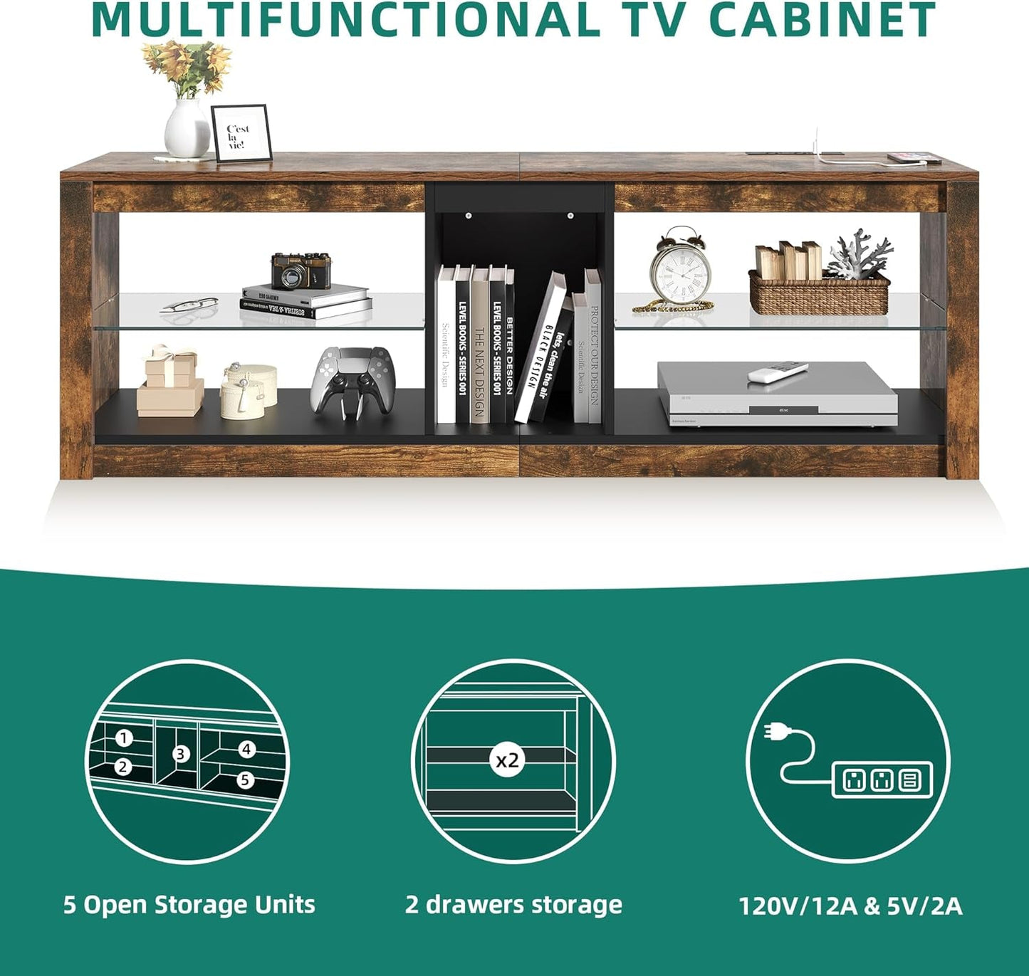 LED TV Stand W/Power Outlets for Tvs up to 55/60 Inch, Gaming