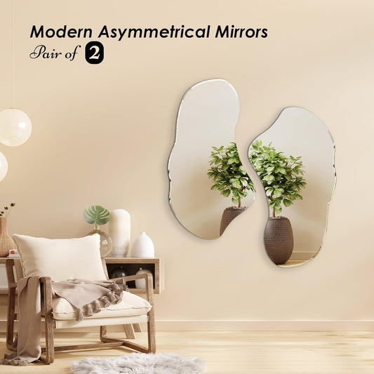Set of 2 Irregular Wall Mirrors, 31.5 X 17.5, Asymmetrical Curved