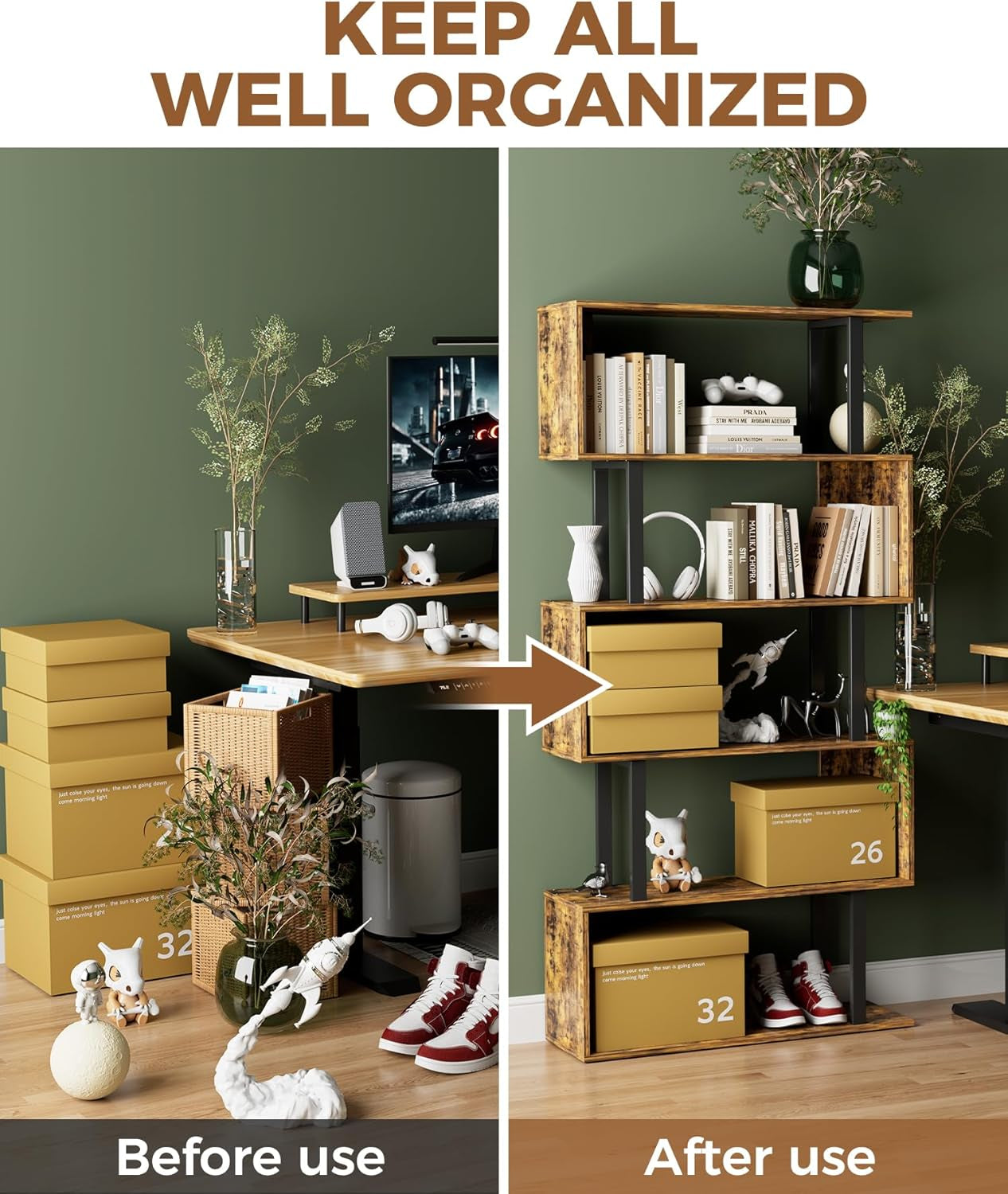 5-Tier Geometric Bookcase,S Shaped Bookshelf, Wood Decorative Storage