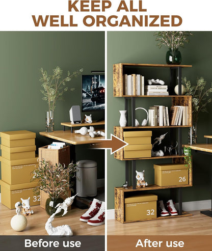 5-Tier Geometric Bookcase,S Shaped Bookshelf, Wood Decorative Storage