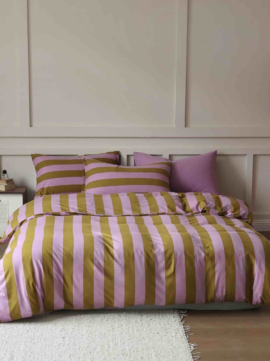 Dopamine Stripe Cotton Queen Size Duvet Cover Set With Pillowcases &