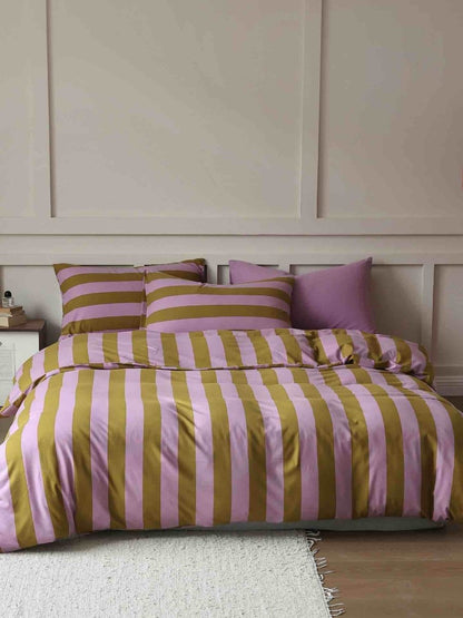 Dopamine Stripe Cotton Queen Size Duvet Cover Set With Pillowcases &