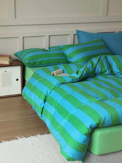 Dopamine Stripe Cotton Queen Size Duvet Cover Set With Pillowcases &