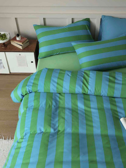Dopamine Stripe Cotton Queen Size Duvet Cover Set With Pillowcases &