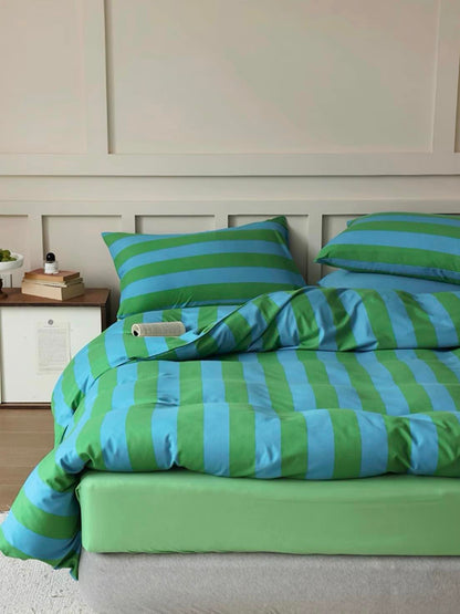 Dopamine Stripe Cotton Queen Size Duvet Cover Set With Pillowcases &