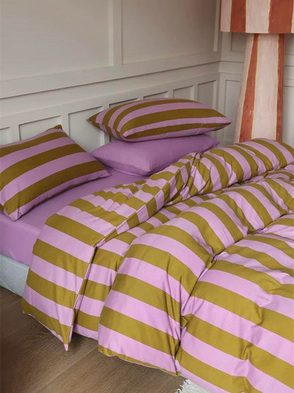 Dopamine Stripe Cotton Queen Size Duvet Cover Set With Pillowcases &