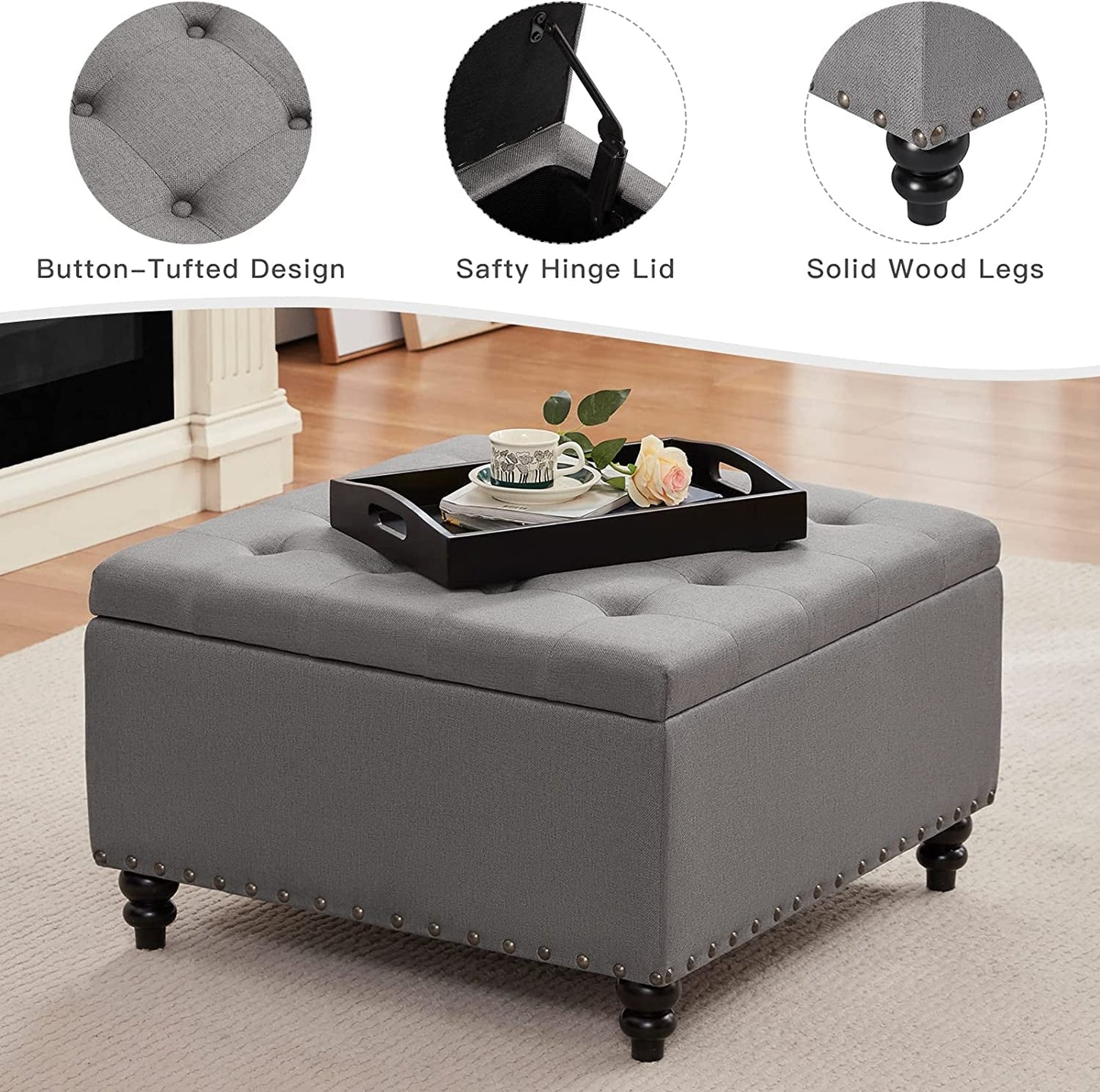 Grey Tufted Ottoman with Storage and Tray