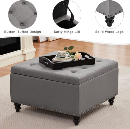 Grey Tufted Ottoman with Storage and Tray