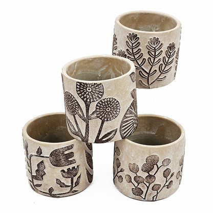 Set of 4 4.3x4.3x4' Gray Sand and Cement Planters with Brown Botanical