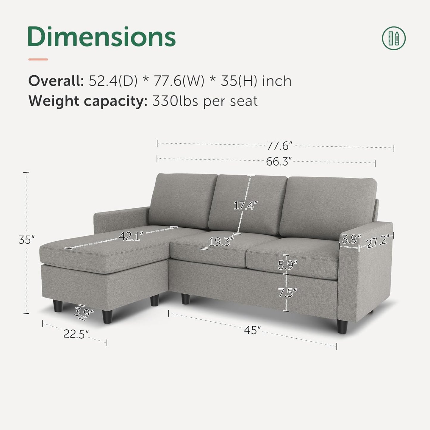 Light Grey Linen Convertible L-Shaped Sectional Sofa