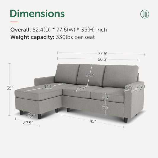 Light Grey Linen Convertible L-Shaped Sectional Sofa