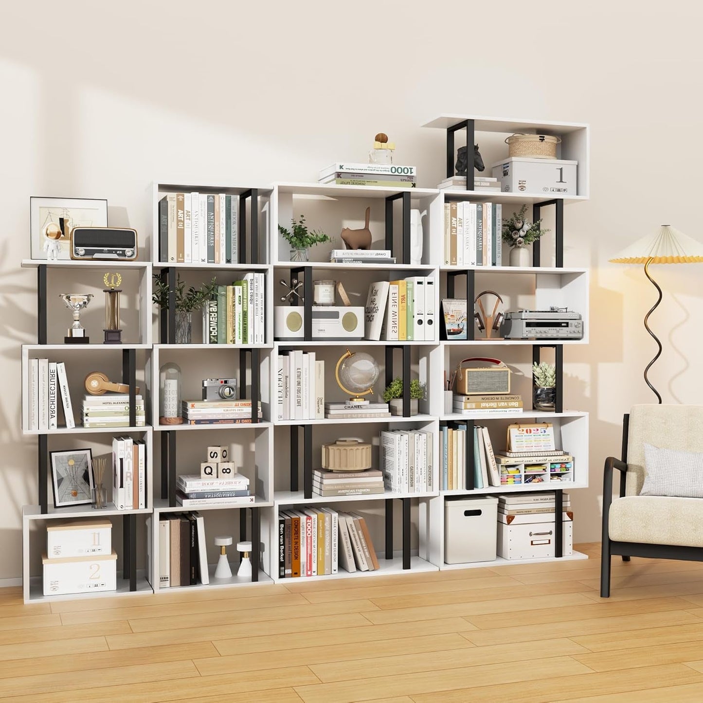 5-Tier Bookshelf, Narrow S-Shaped Geometric Bookcase, Wood Decorative