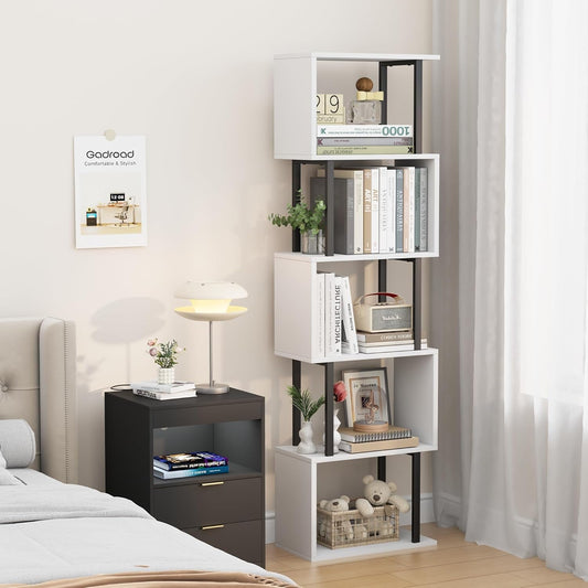 5-Tier Bookshelf, Narrow S-Shaped Geometric Bookcase, Wood Decorative