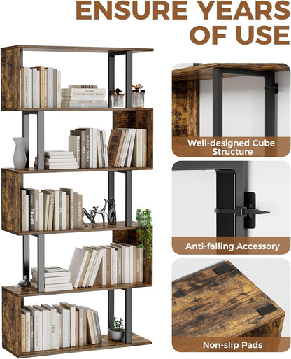 5-Tier Geometric Bookcase,S Shaped Bookshelf, Wood Decorative Storage