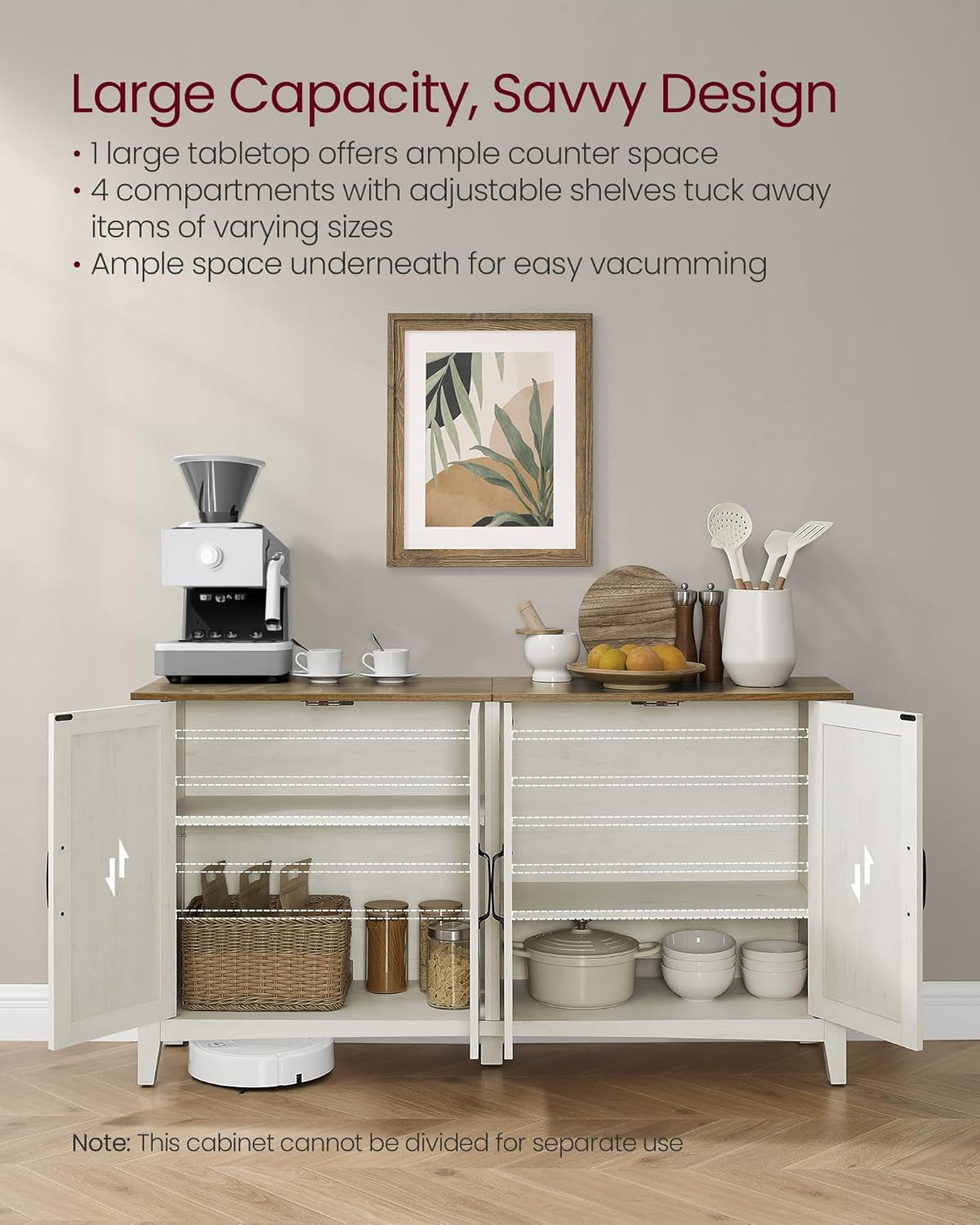 Rustic White Honey Brown Buffet Cabinet with Shelves