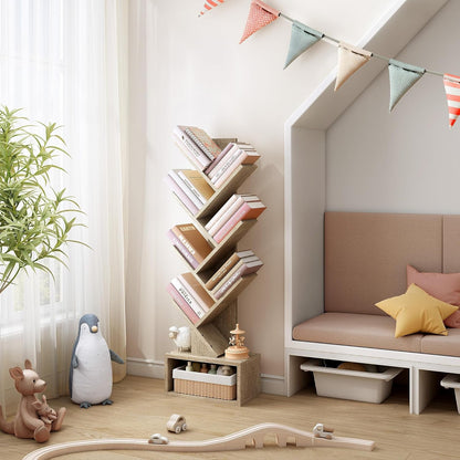6 Tier Tree Bookshelf, Tall Bookcase with Drawer, Freestanding Book