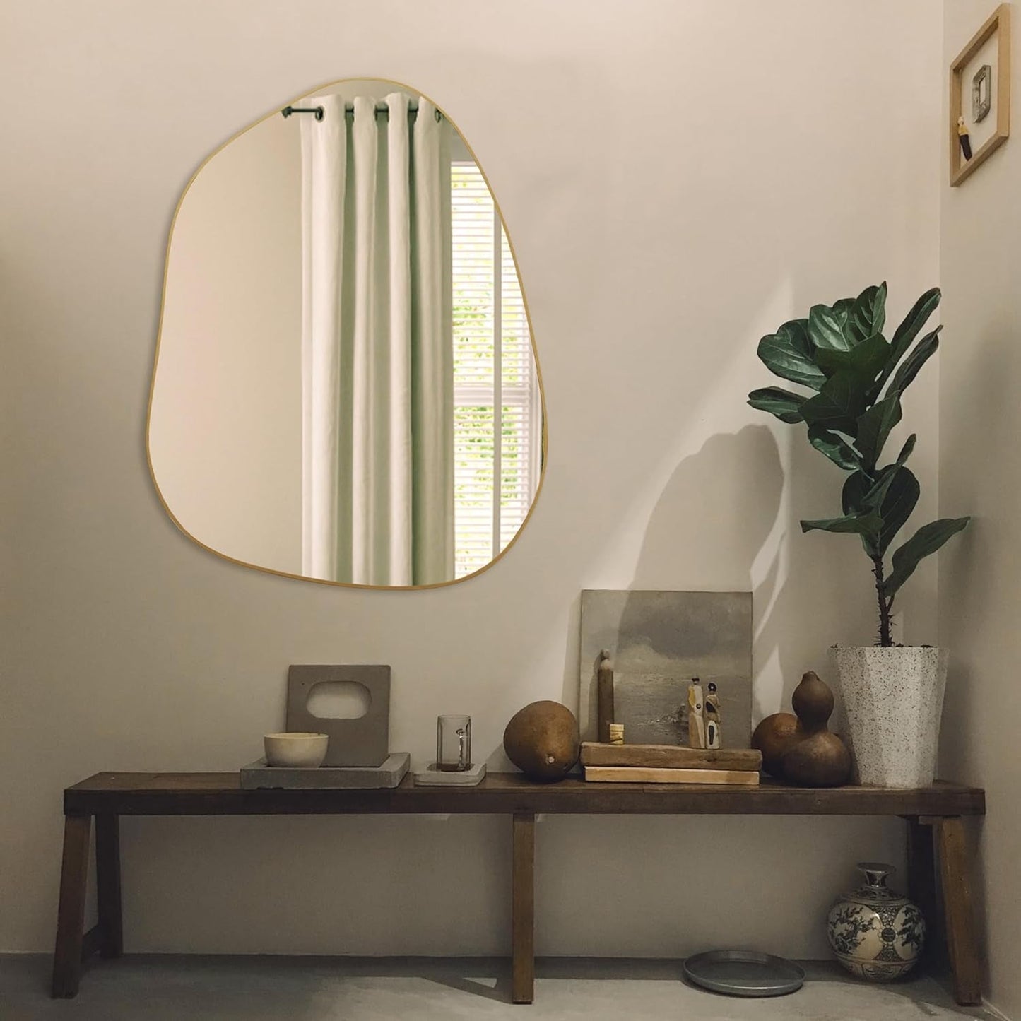 Contemporary Asymmetrical Wall Mirror with Golden Wood Frame - Ideal