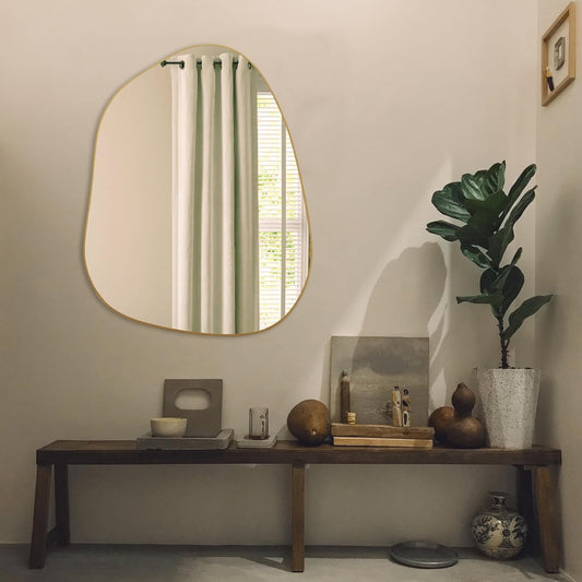 Contemporary Asymmetrical Wall Mirror with Golden Wood Frame - Ideal