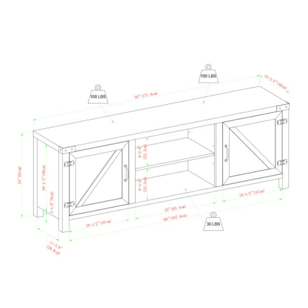 Rustic Farmhouse Double Barn Door TV Stand For TVs With Center Shelves