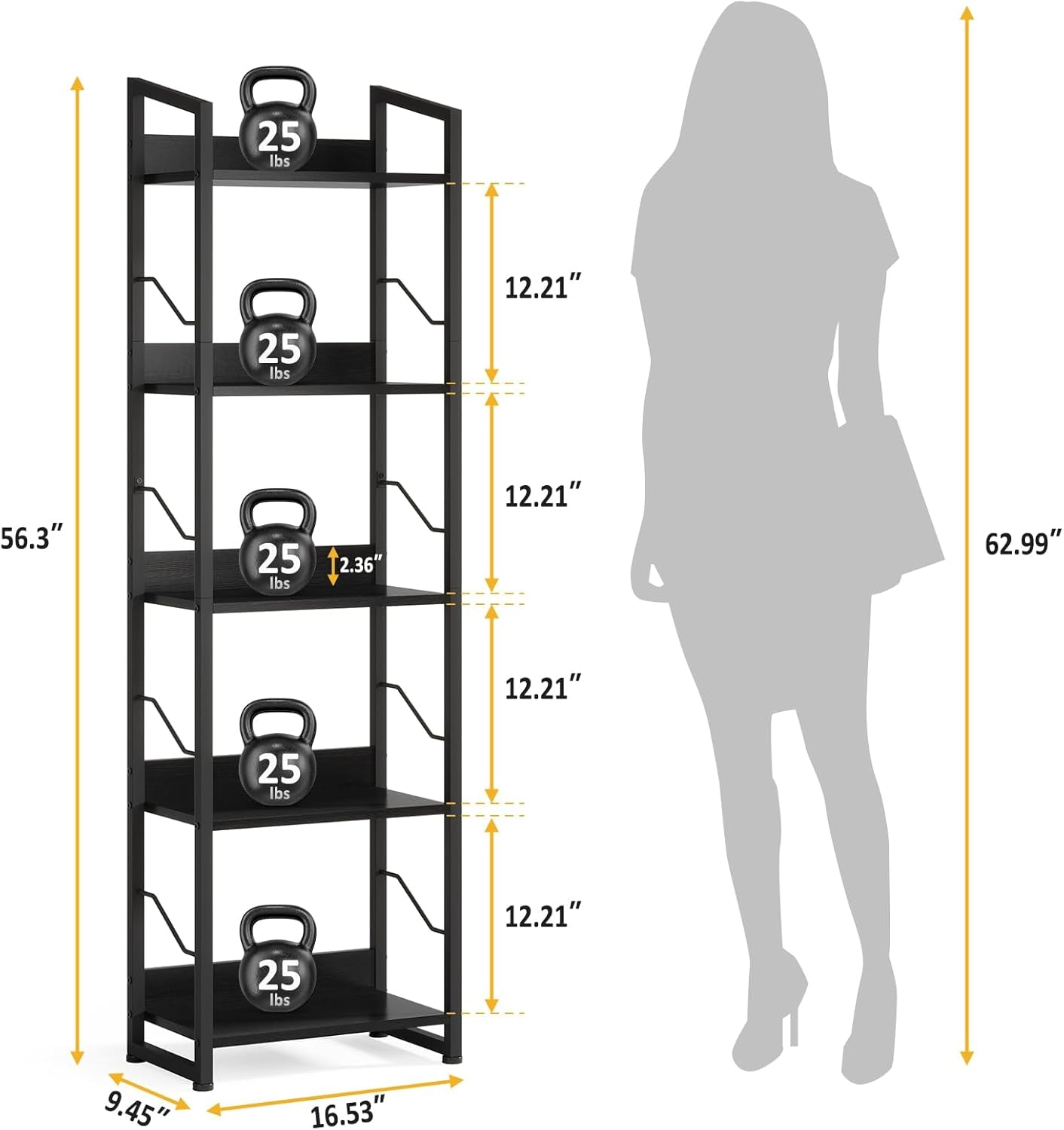 5 Tier Narrow Bookshelf: Tall Bookcase Shelf with Edge Protection,