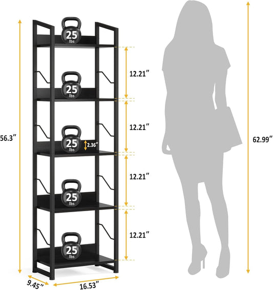 5 Tier Narrow Bookshelf: Tall Bookcase Shelf with Edge Protection,