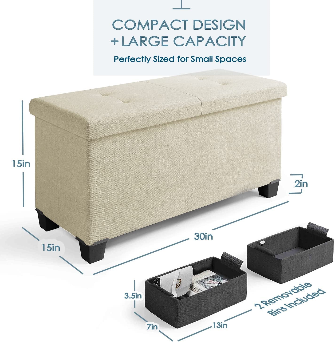 Multi-Functional Ivory Ottoman with Storage Bins