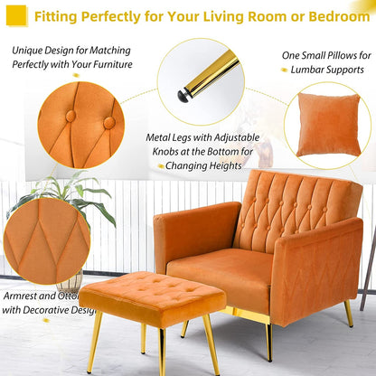 Velvet Accent Chair with Adjustable Armrests, Orange