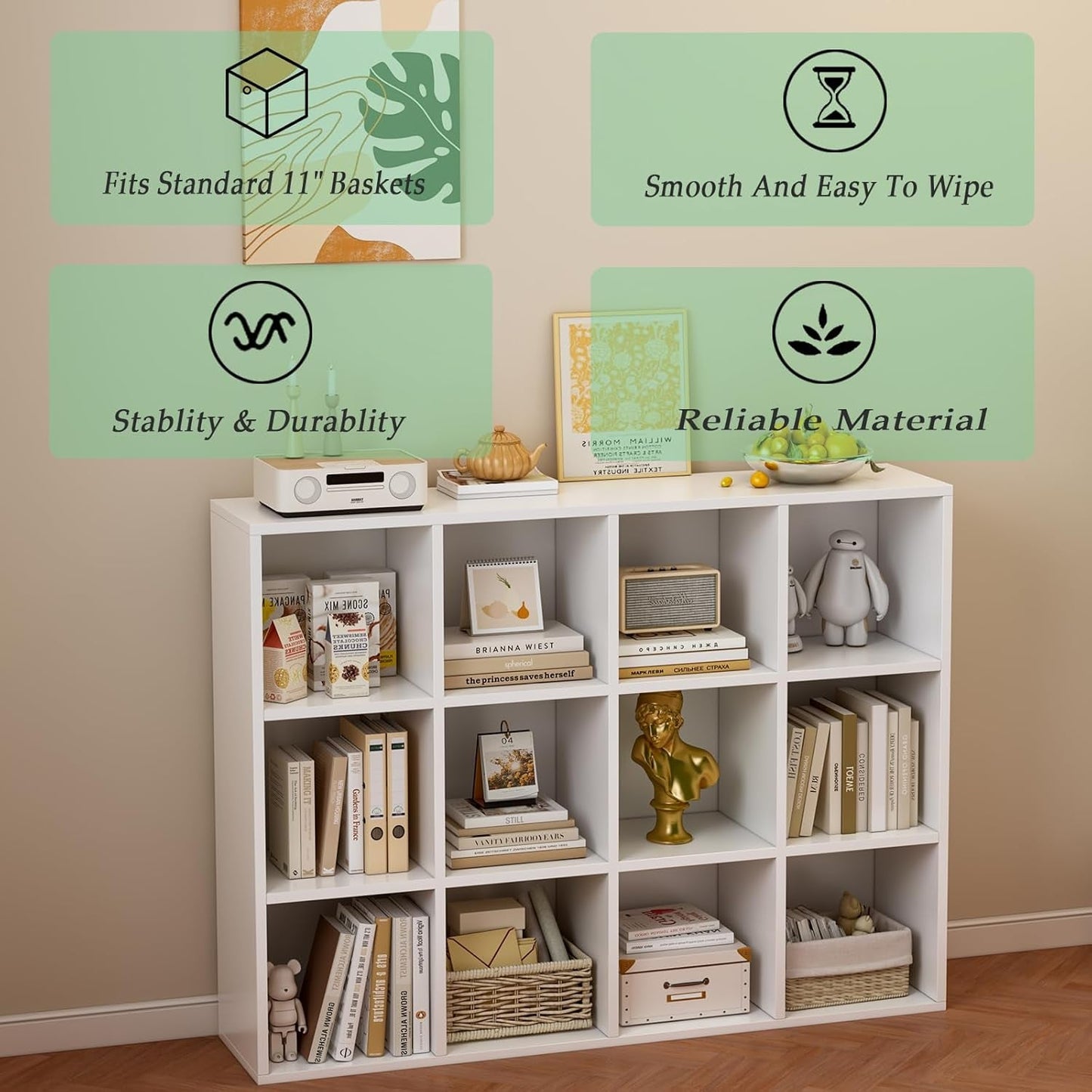 12-Cube Storage Shelf Bookcase - Wooden 3-Tier Floor Standing Open