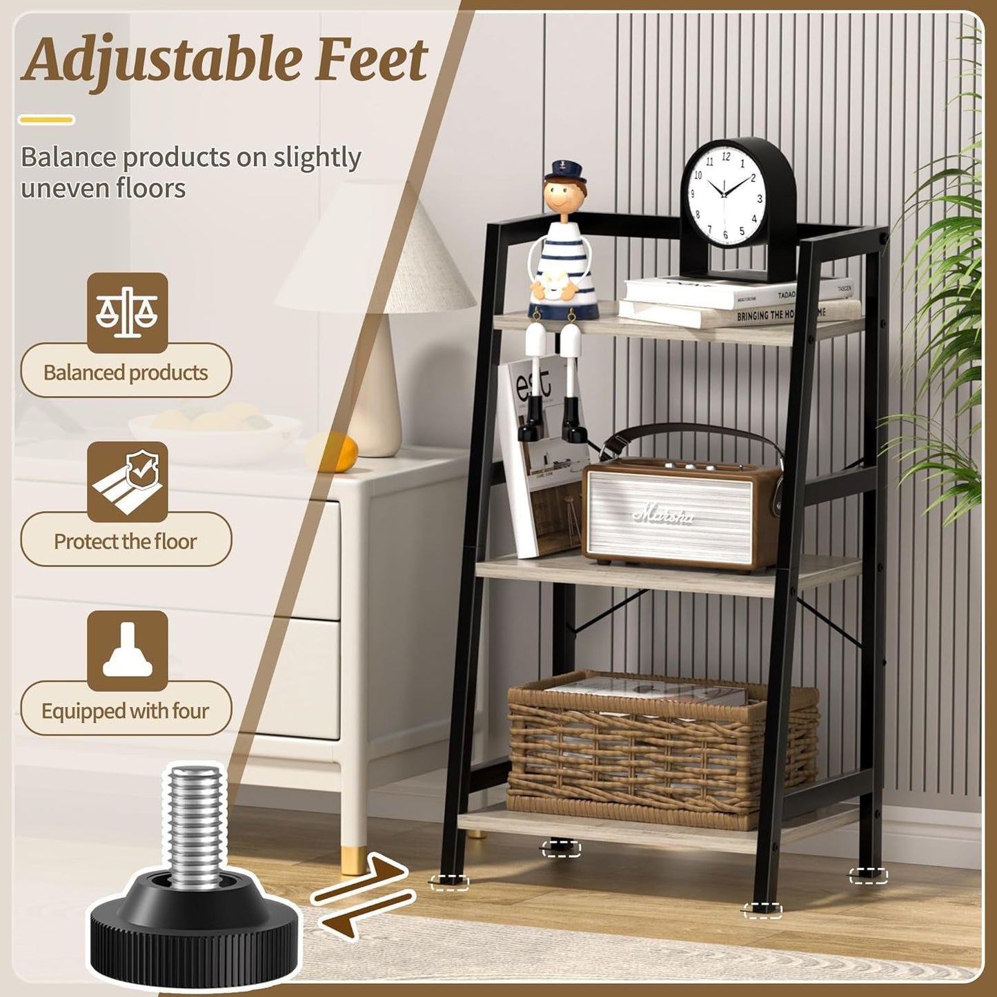 3-Tier Bookshelf, Ladder Shelf, Stand up Shelves, Industrial Bookcase