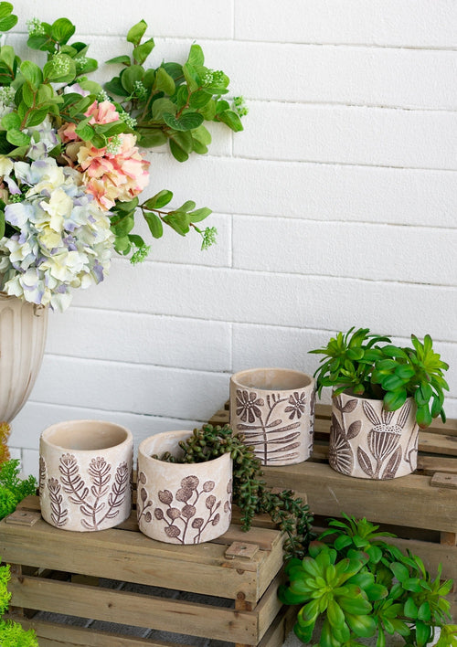 Set of 4 4.3x4.3x4' Gray Sand and Cement Planters with Brown Botanical