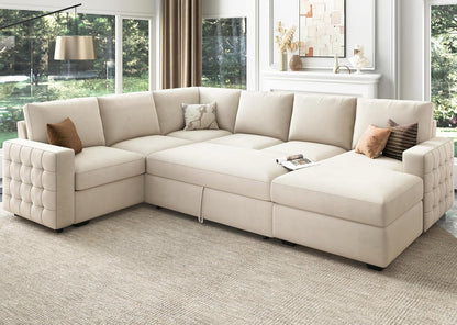 Beige U-Shaped Sectional Sleeper Storage, Velvet, Pullout Bed