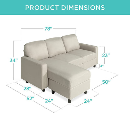 Compact Beige Linen Sectional Sofa with Chaise Lounge