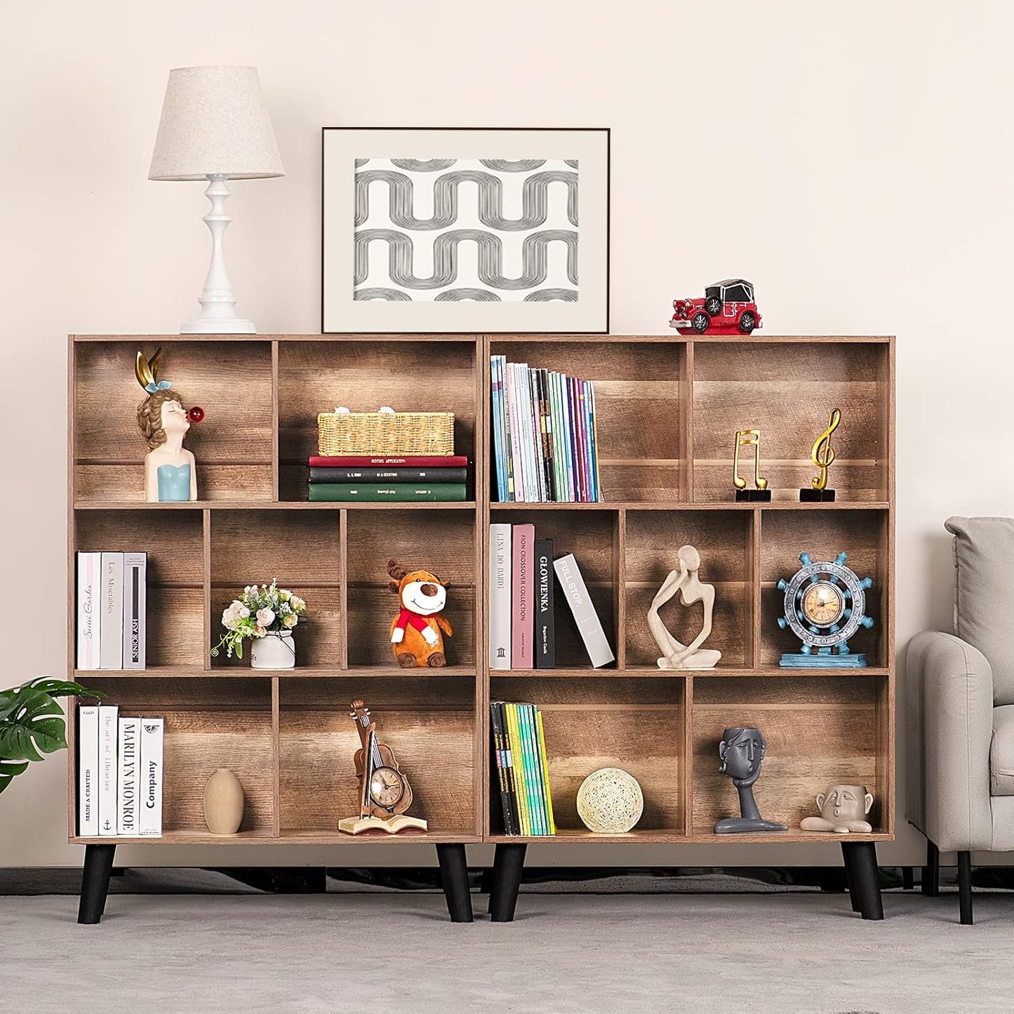 7 Cube Bookshelf 3 Tier Modern Bookcase with Legs,Wood Book Shelves