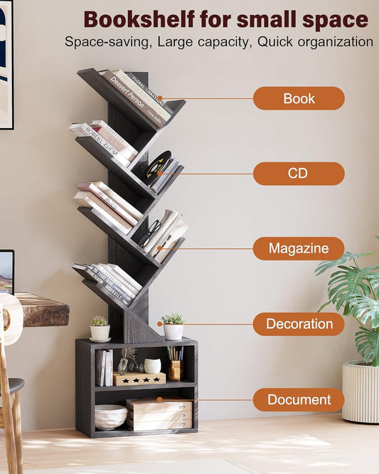 6 Tier Tree Bookshelf, Small Bookcase with Storage Cabinet, Modern