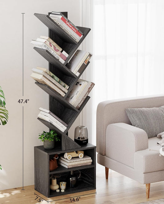 6 Tier Tree Bookshelf, Small Bookcase with Storage Cabinet, Modern
