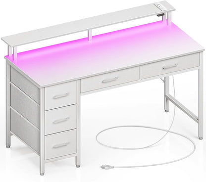 Computer Desk with Power Outlets & LED Light, 39 Inch Home Office Desk