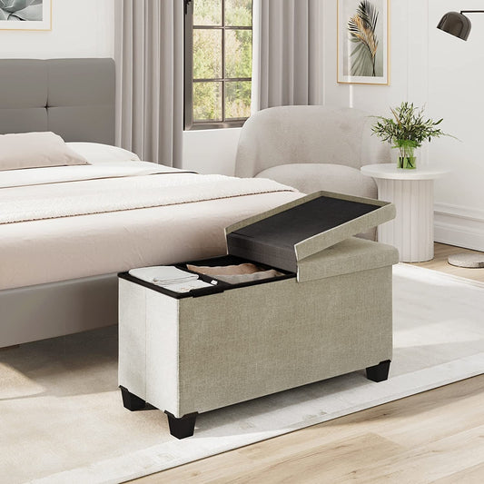 Multi-Functional Ivory Ottoman with Storage Bins