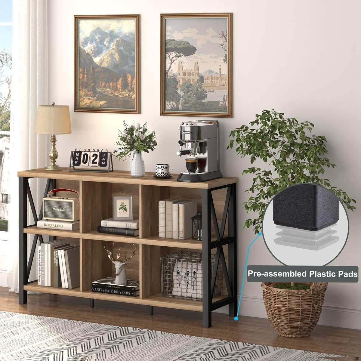 6 Cube Storage Organizer with Shelf, Long Wood and Metal Cubby